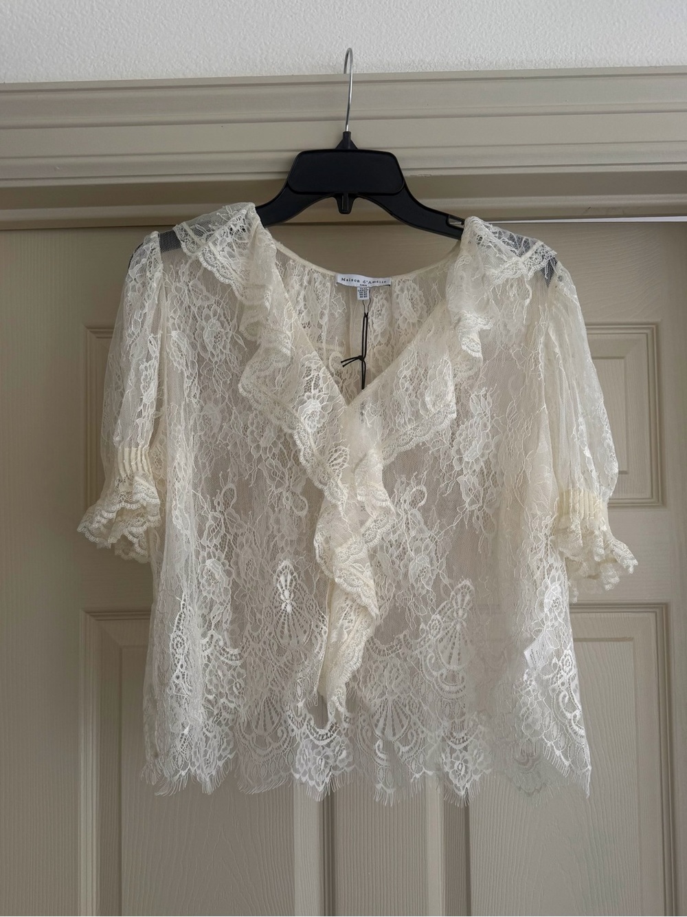 DOEN inspired Maison d’Amelie Cream Sheer Lace Puff Sleeve Blouse